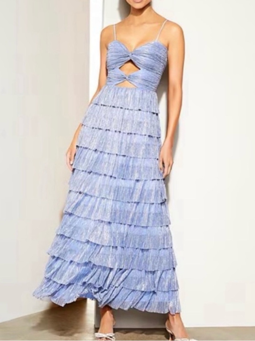 Grace Plisse Rainbow Metallic Sweetheart Neckline Cut Out Tiered Dress